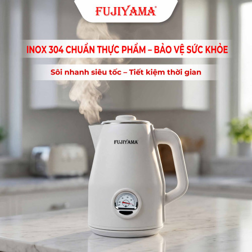 Ấm Siêu Tốc Nhiệt Kế Retro Fujiyama FK1810 1.8L – Inox 304 2 Lớp An Toàn – Hiển Thị Nhiệt Độ – Tự Ngắt Khi Sôi