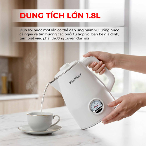Ấm Siêu Tốc Nhiệt Kế Retro Fujiyama FK1810 1.8L – Inox 304 2 Lớp An Toàn – Hiển Thị Nhiệt Độ – Tự Ngắt Khi Sôi